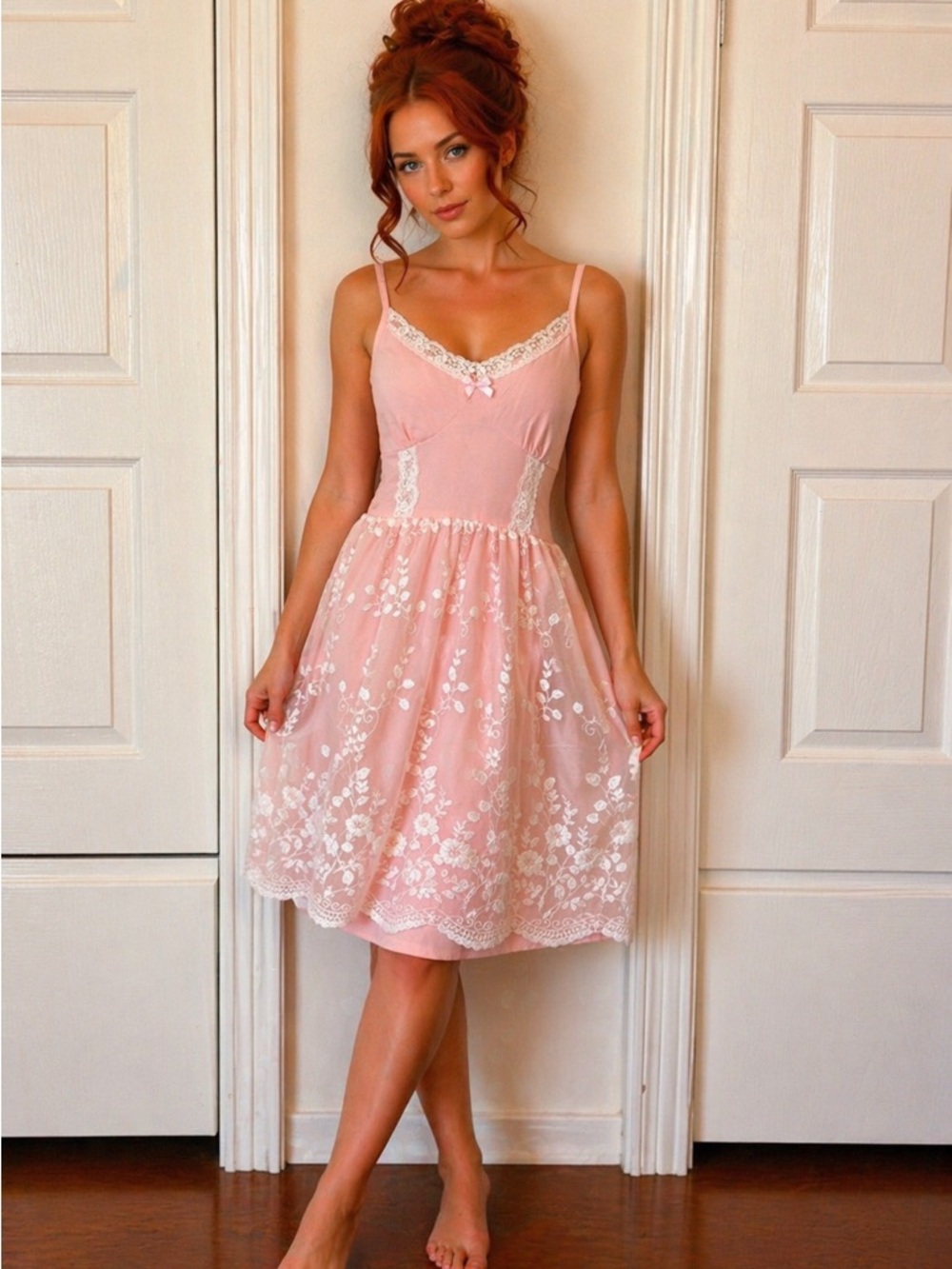 ROMWE Pink Lace-Trim Midi Dress